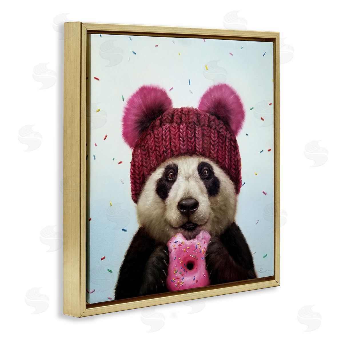 Happy Panda Bear with Donut Gold Floating Frame Canvas Wall Art, Home Decor by Lucia Heffernan