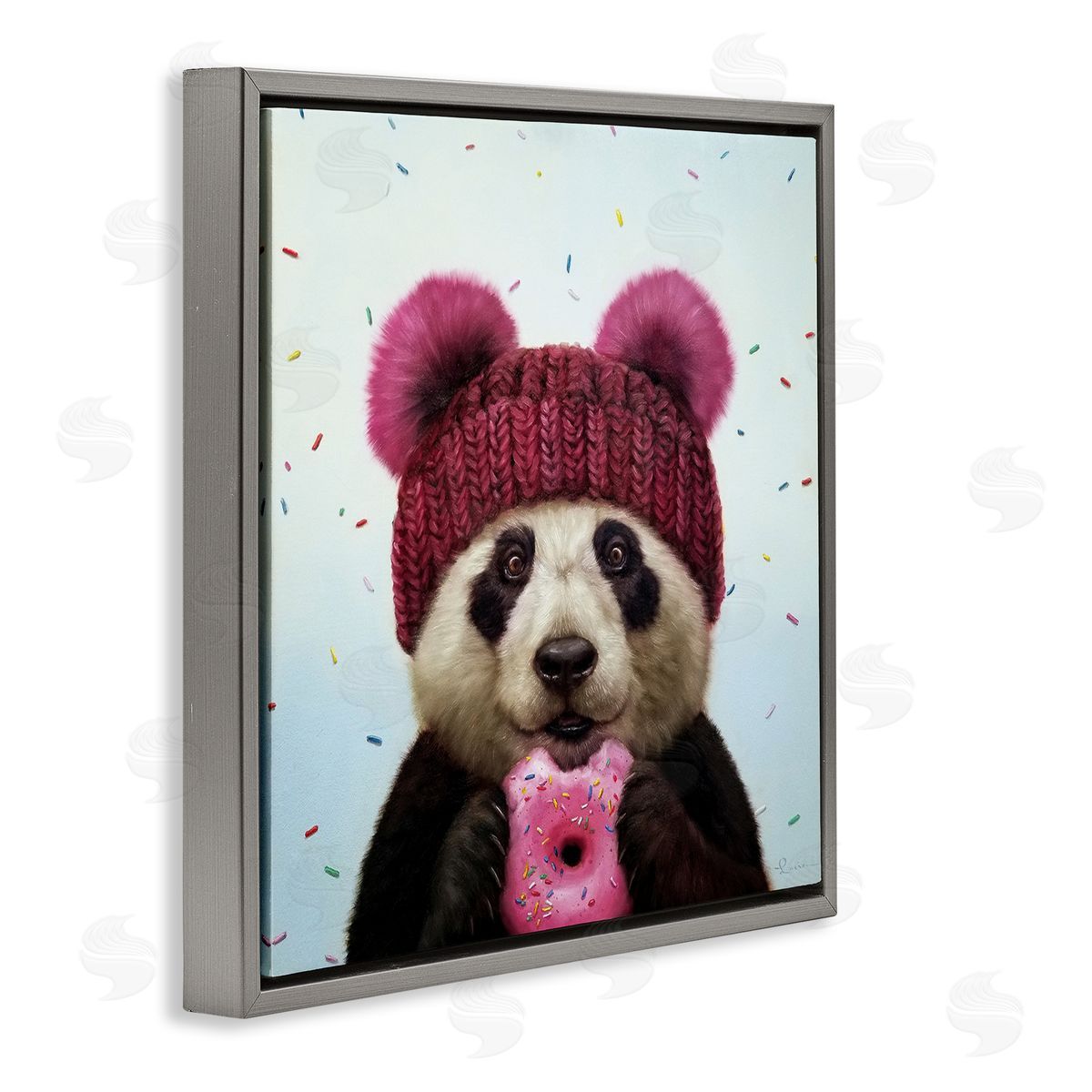 Happy Panda Bear with Donut Grey Floating Frame Canvas Wall Art, Home Decor by Lucia Heffernan