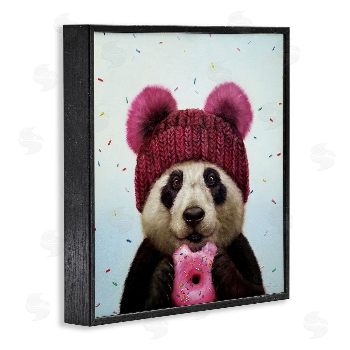 Happy Panda Bear with Donut Black Frame Print Wall Art, Home Decor by Lucia Heffernan