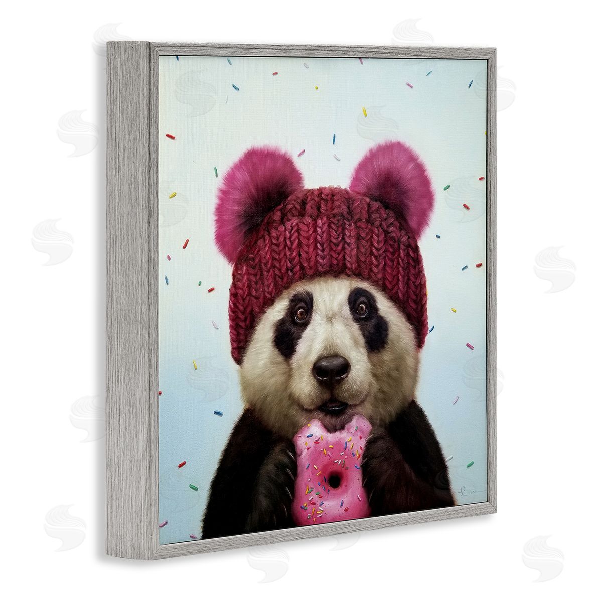 Happy Panda Bear with Donut Grey Frame Print Wall Art, Home Decor by Lucia Heffernan