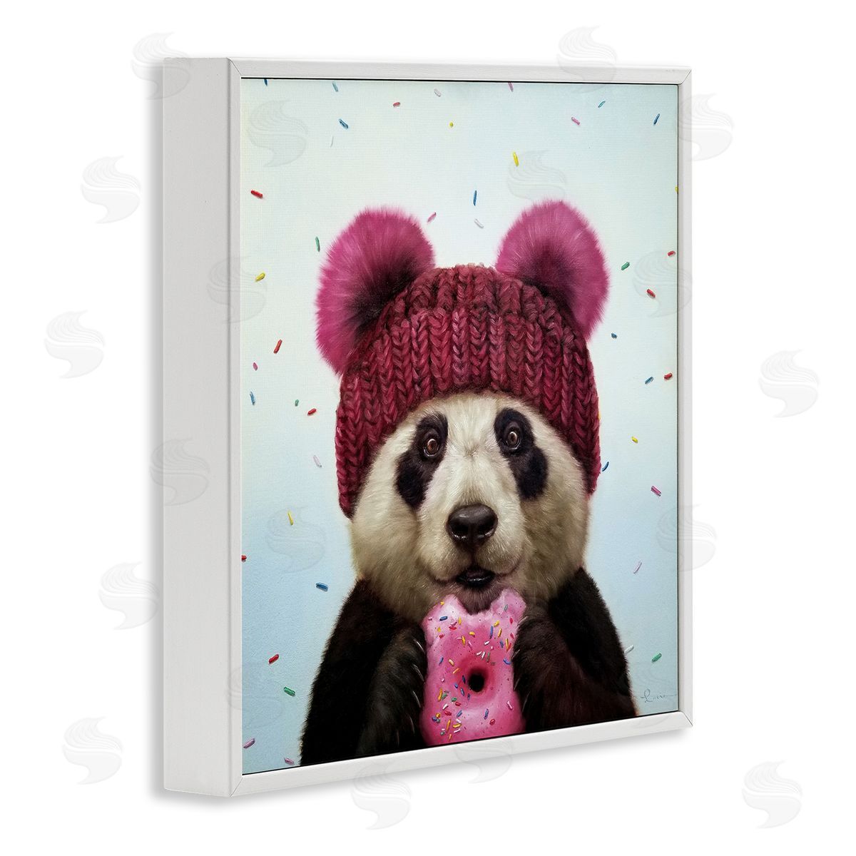 Happy Panda Bear with Donut White Frame Print Wall Art, Home Decor by Lucia Heffernan