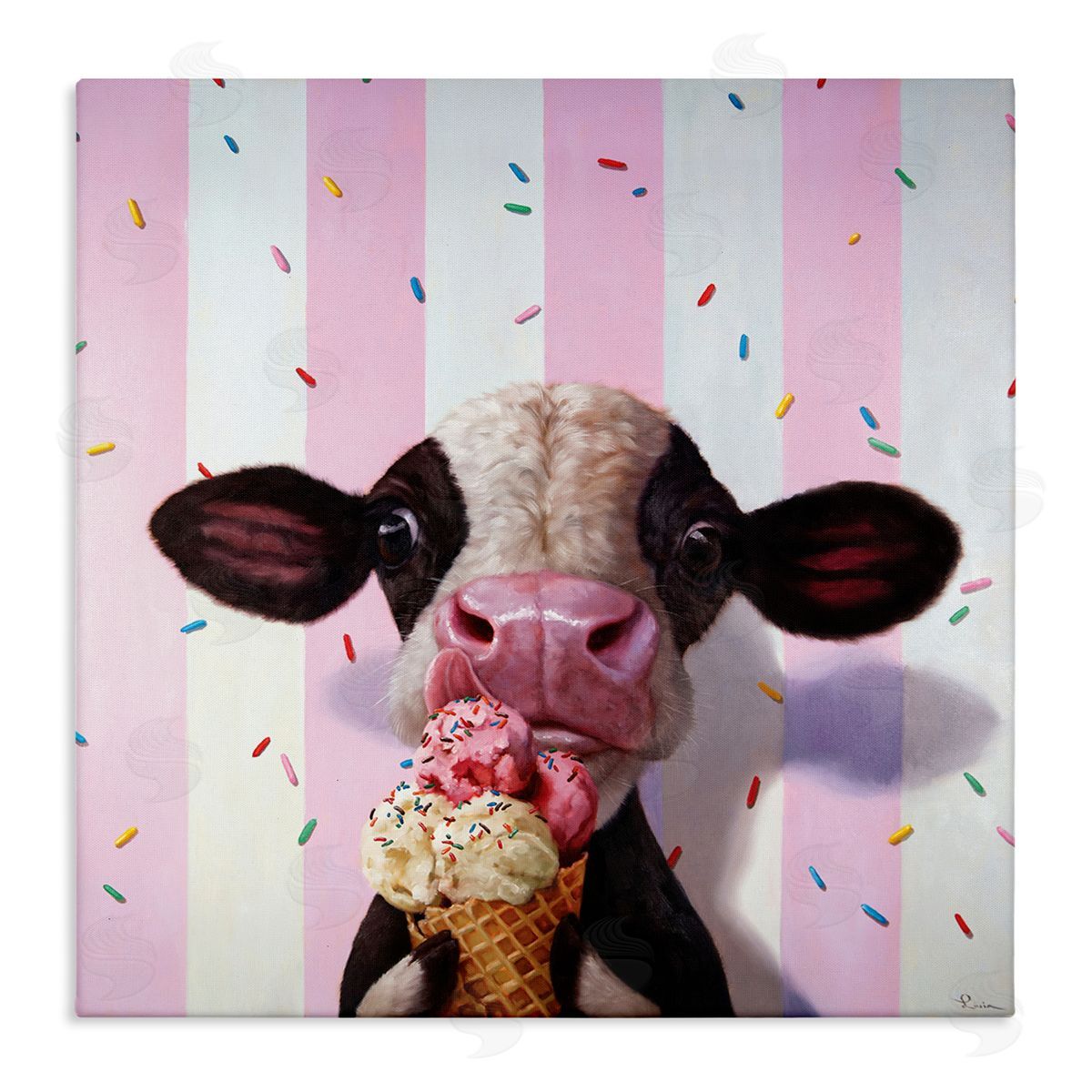 Cow with Ice Cream Cone Canvas Wall Art, Home Decor by Lucia Heffernan