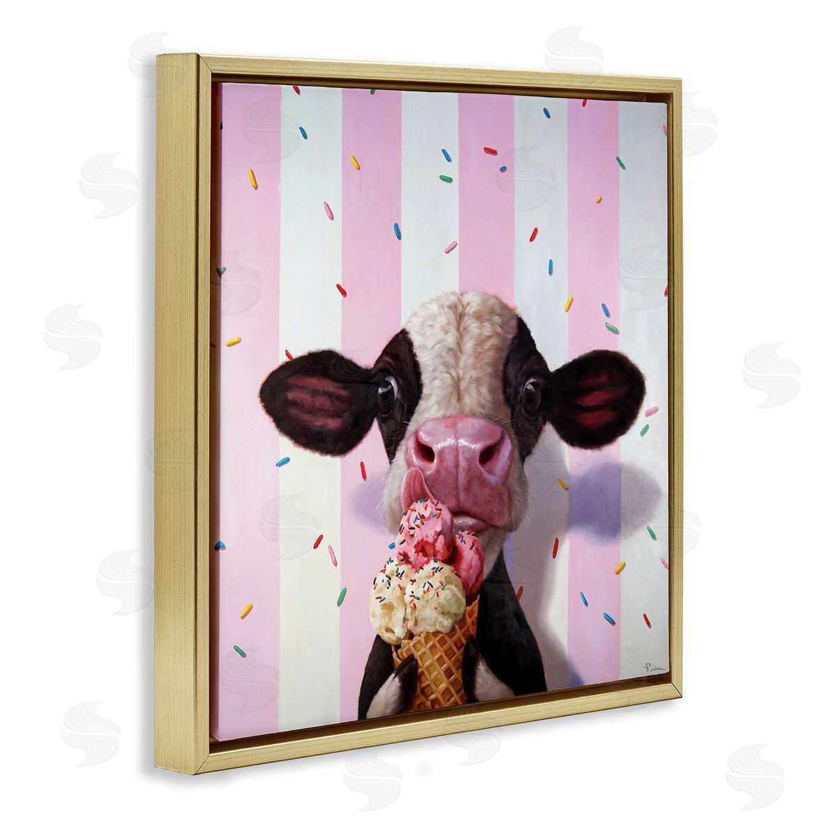Cow with Ice Cream Cone Gold Floating Frame Canvas Wall Art, Home Decor by Lucia Heffernan