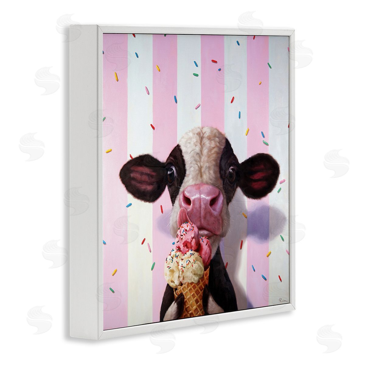 Cow with Ice Cream Cone White Frame Print Wall Art, Home Decor by Lucia Heffernan