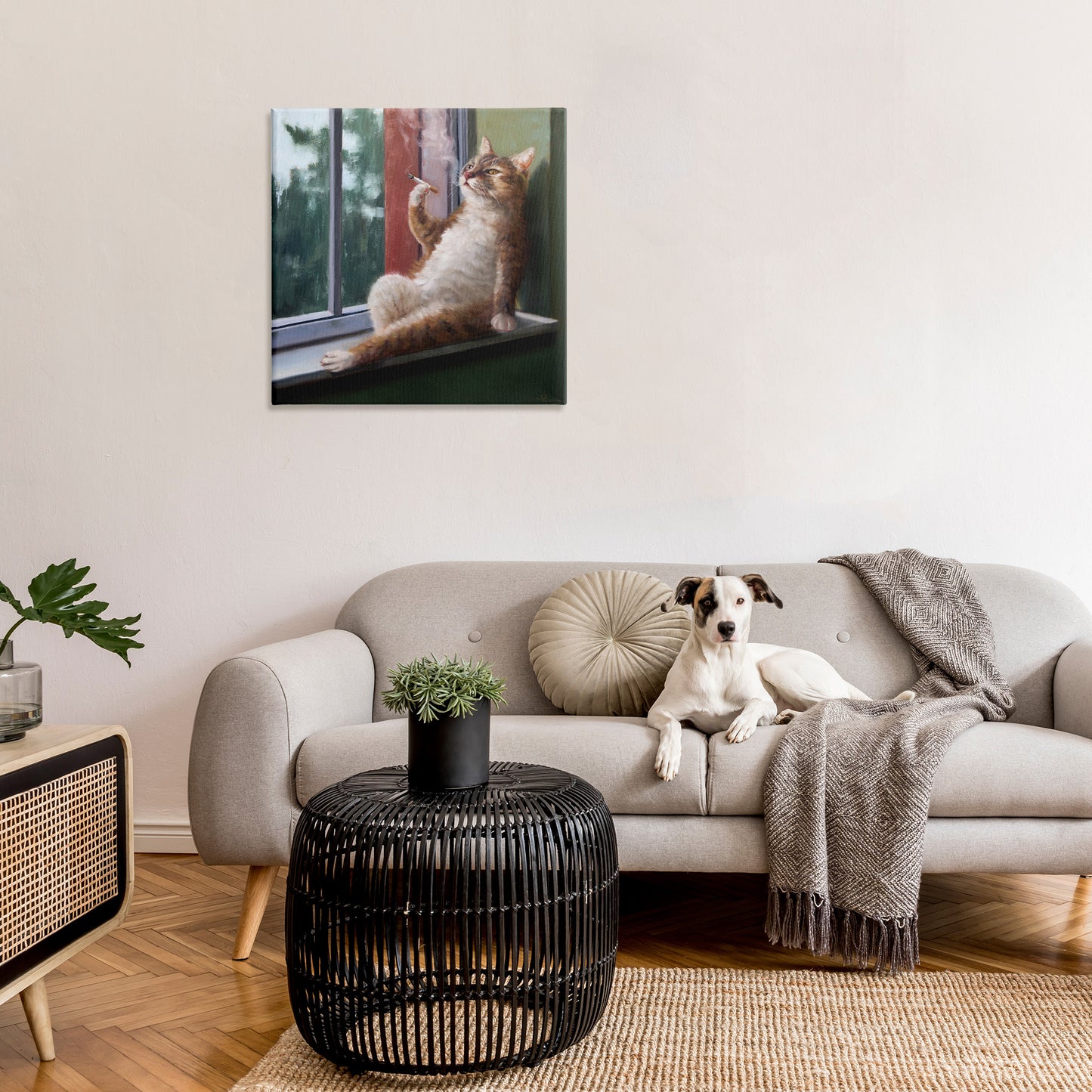 Cat Smoking Lounging in Window Canvas Wall Art in Room, Home Decor by Lucia Heffernan