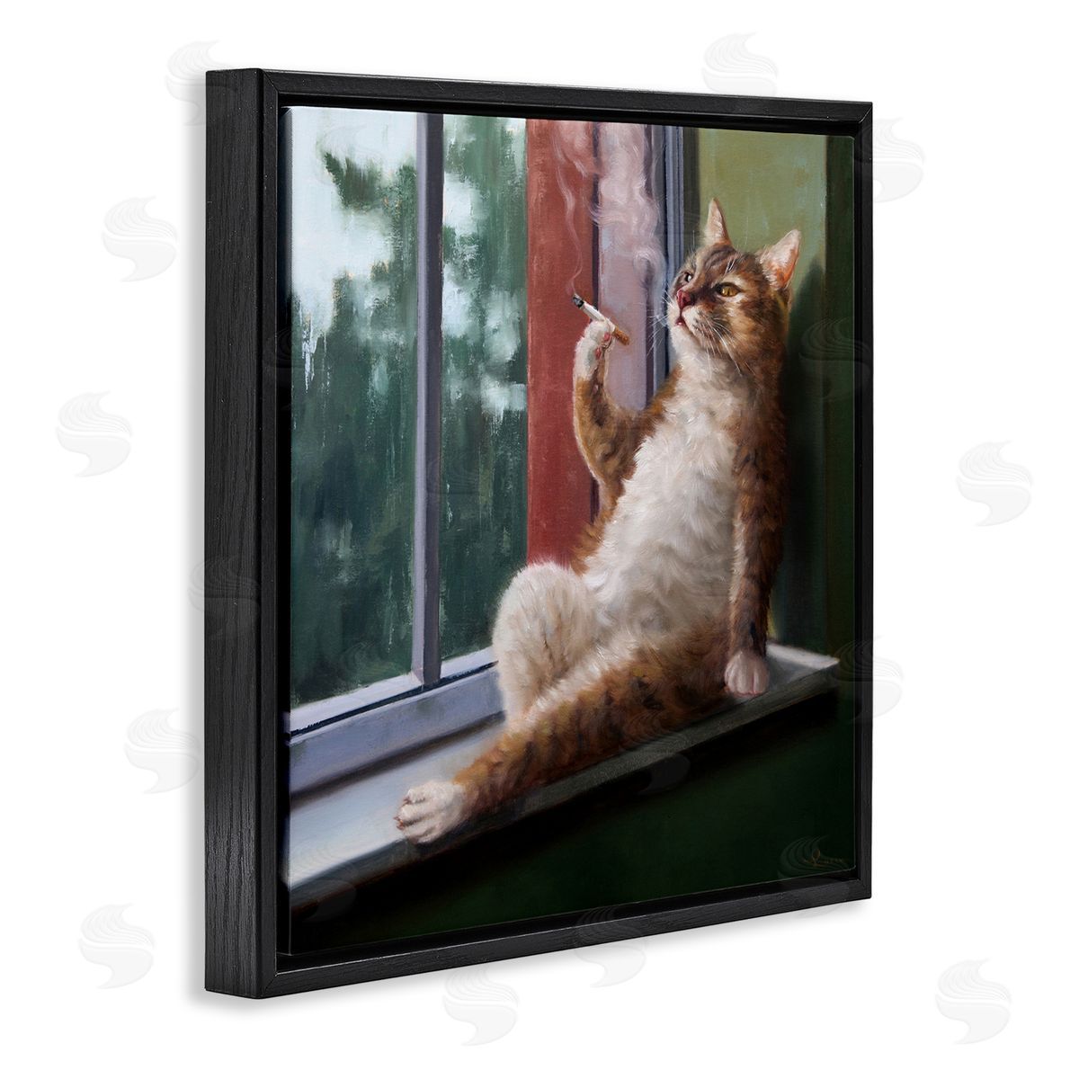 Cat Smoking Lounging in Window Black Floating Frame Canvas Wall Art, Home Decor by Lucia Heffernan