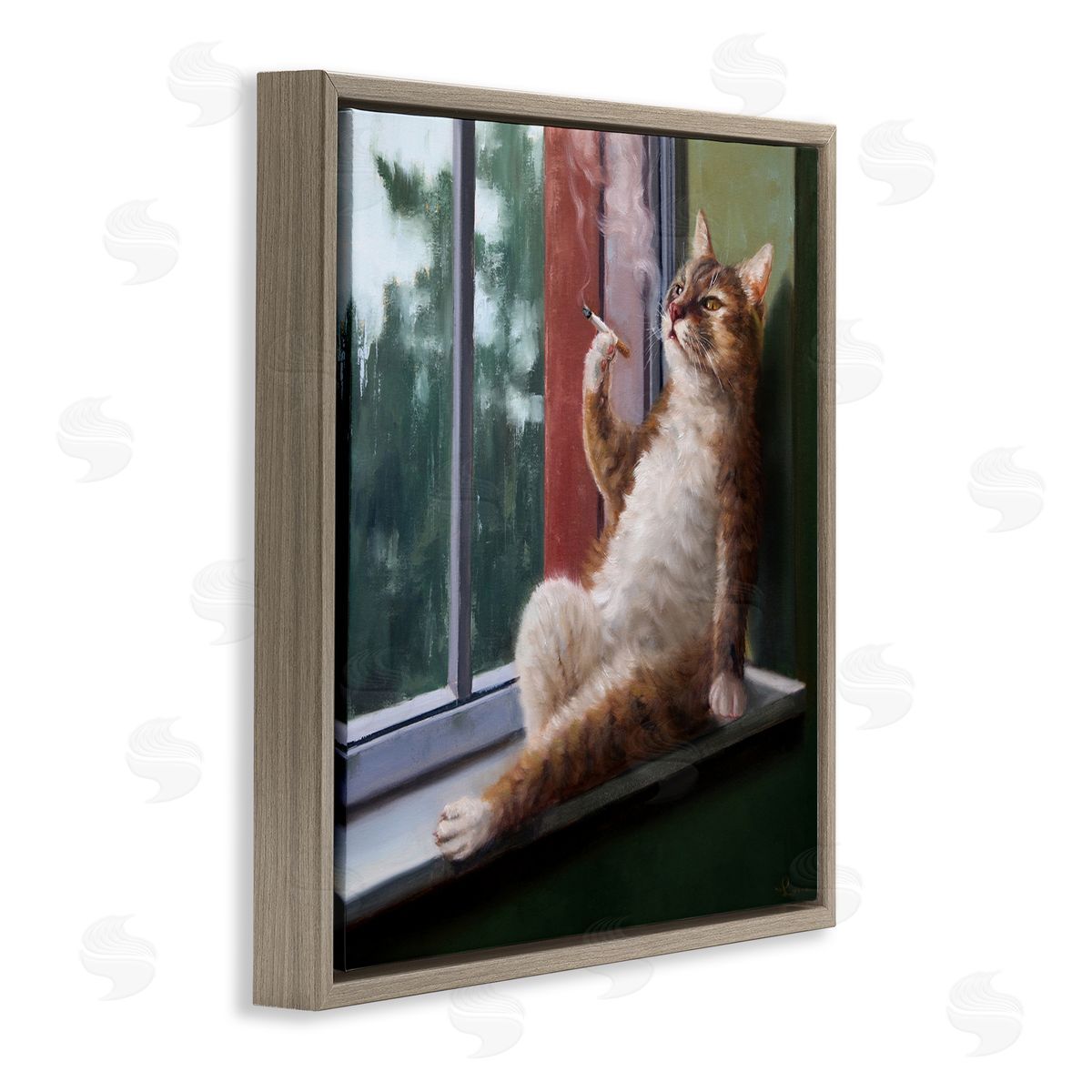 Cat Smoking Lounging in Window Brown Floating Frame Canvas Wall Art, Home Decor by Lucia Heffernan