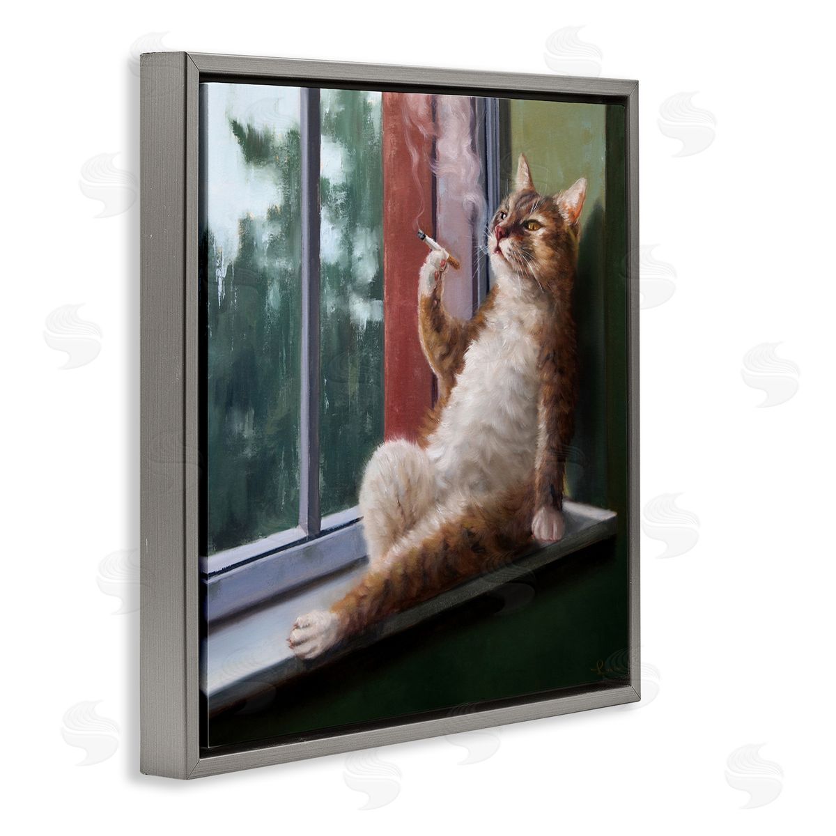 Cat Smoking Lounging in Window Grey Floating Frame Canvas Wall Art, Home Decor by Lucia Heffernan