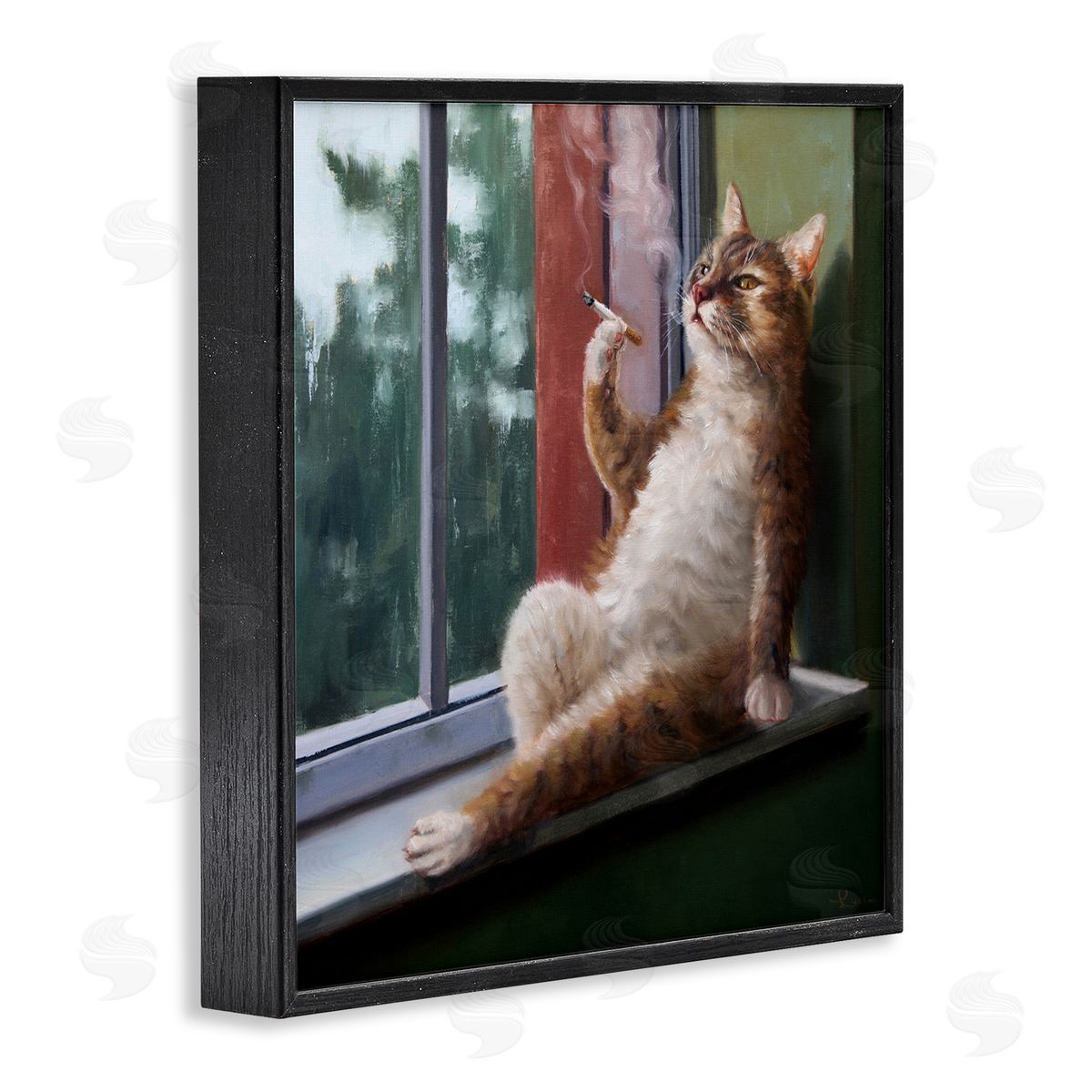 Cat Smoking Lounging in Window Black Frame Print Wall Art, Home Decor by Lucia Heffernan