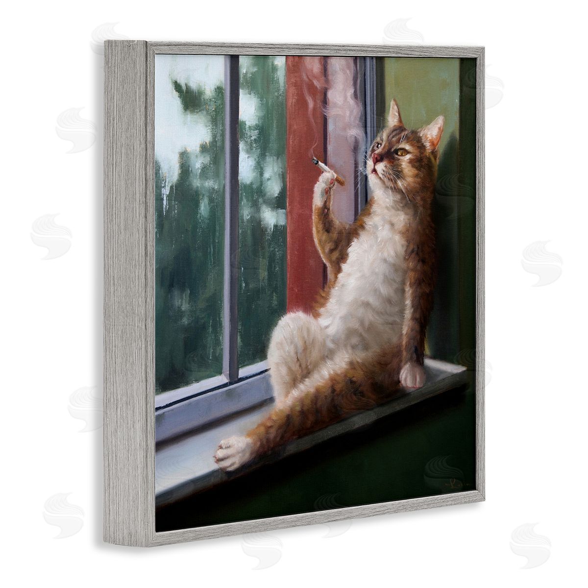 Cat Smoking Lounging in Window Grey Frame Print Wall Art, Home Decor by Lucia Heffernan