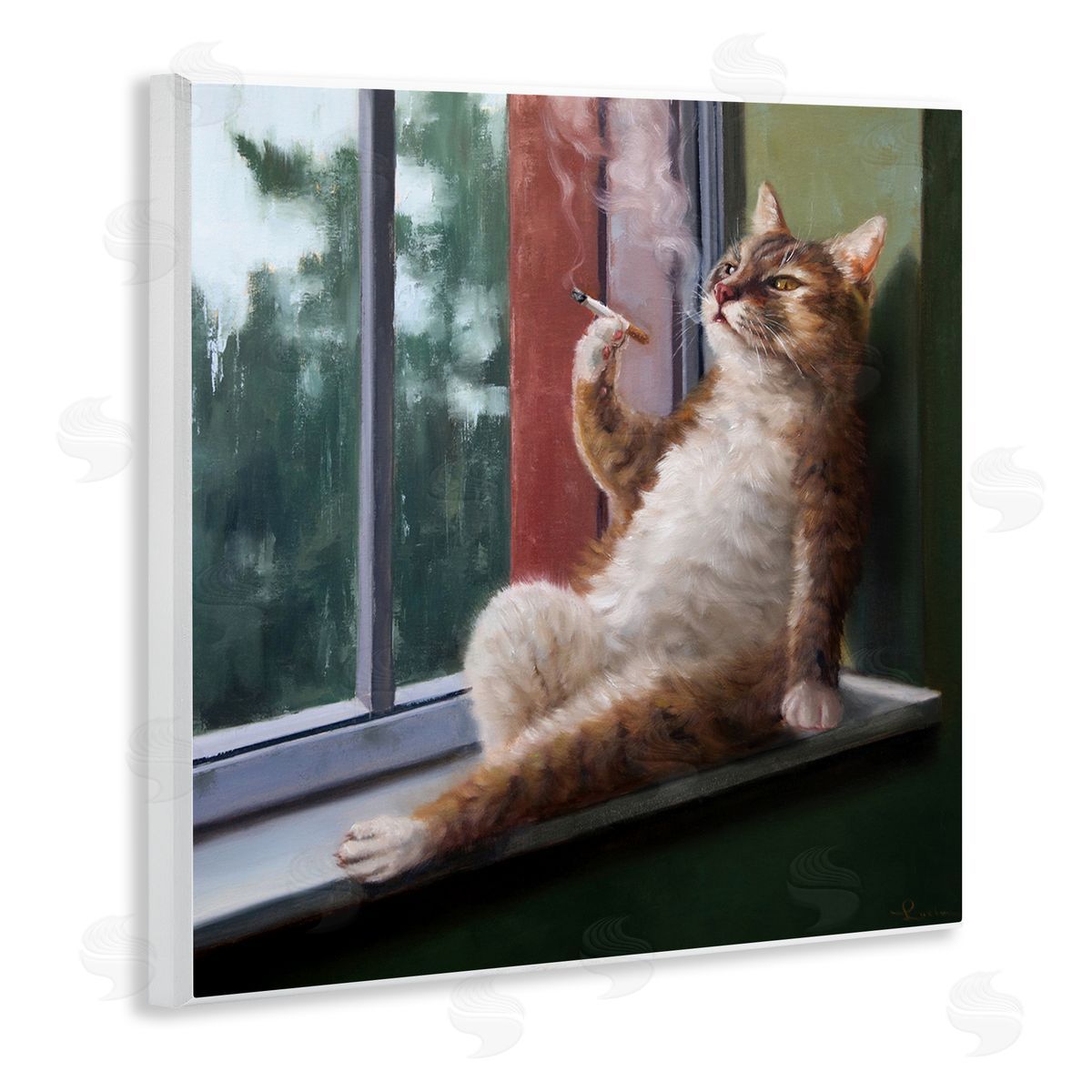 Cat Smoking Lounging in Window Wood Plaque Wall Art, Home Decor by Lucia Heffernan