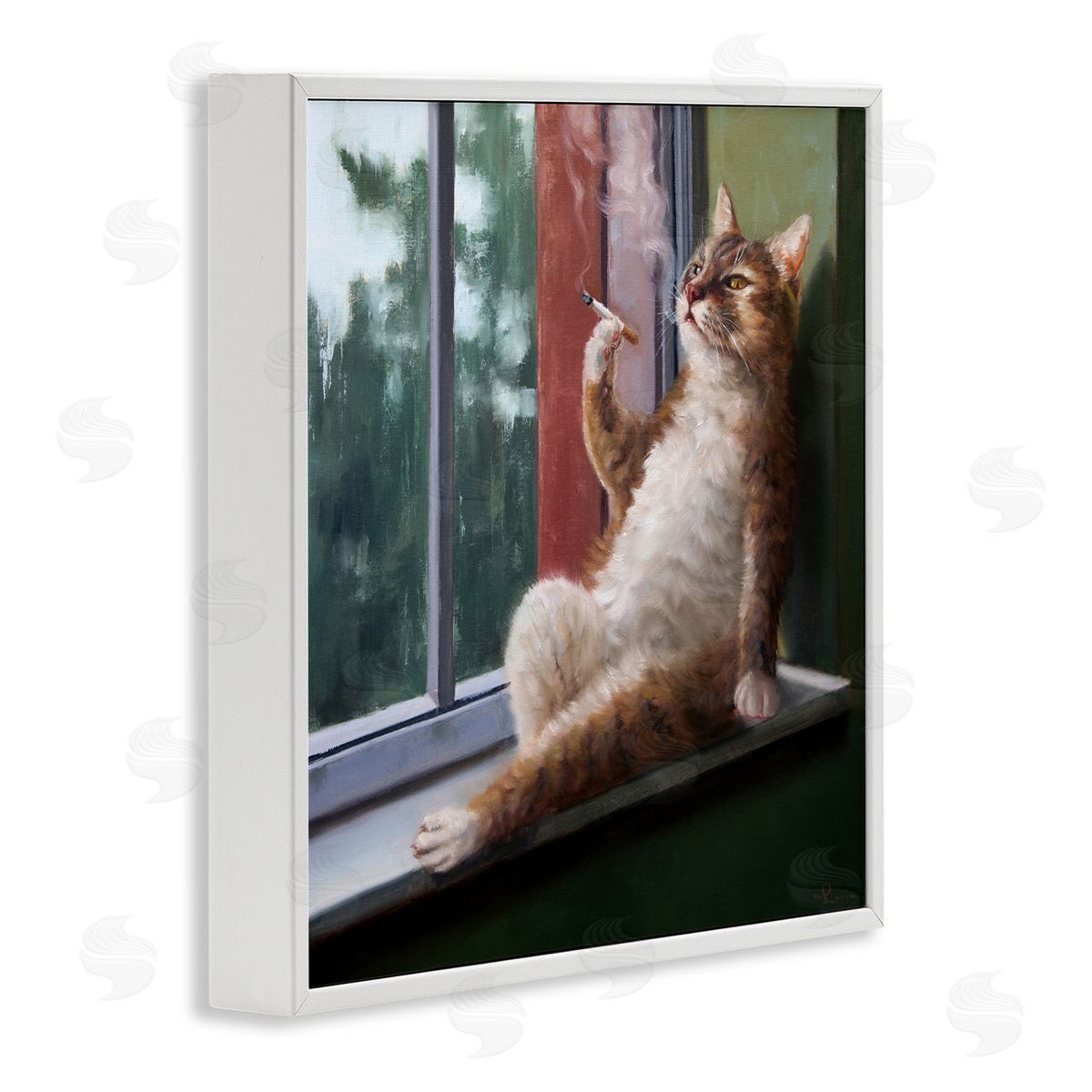 Cat Smoking Lounging in Window White Frame Print Wall Art, Home Decor by Lucia Heffernan