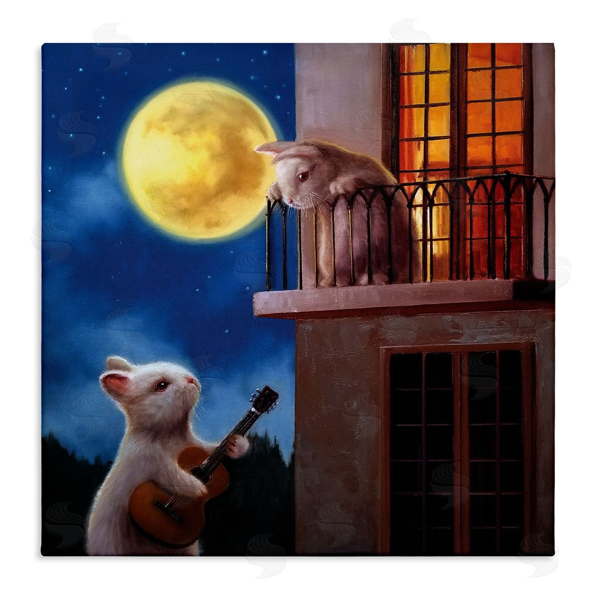 Lucia Heffernan Rabbit Serenading Bunny on Balcony Night Sky Stretched Canvas Wall Art Print