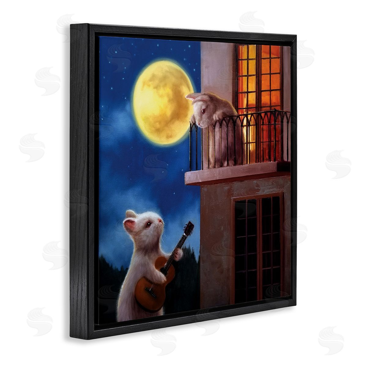 Lucia Heffernan Rabbit Serenading Bunny on Balcony Night Sky Black Floating Frame Canvas Wall Art Print