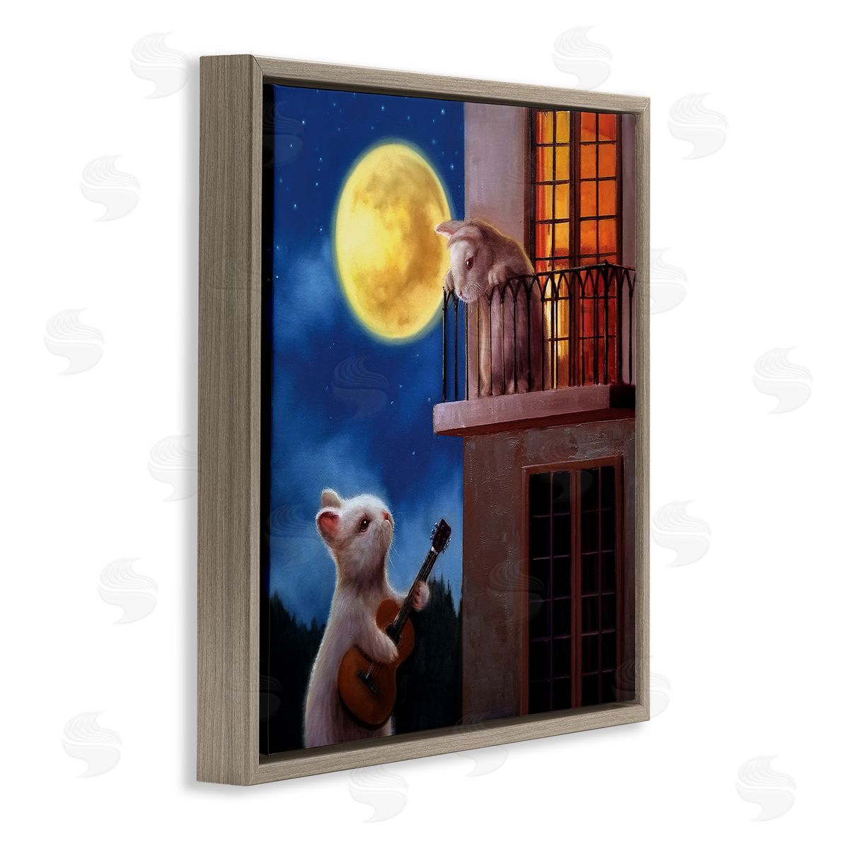 Lucia Heffernan Rabbit Serenading Bunny on Balcony Night Sky Brown Floating Frame Canvas Wall Art Print