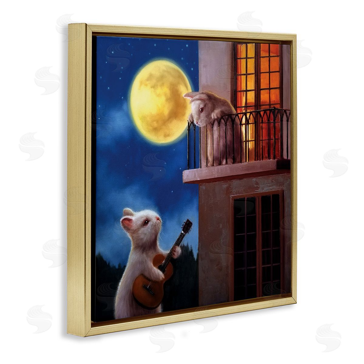 Lucia Heffernan Rabbit Serenading Bunny on Balcony Night Sky Gold Floating Frame Canvas Wall Art Print
