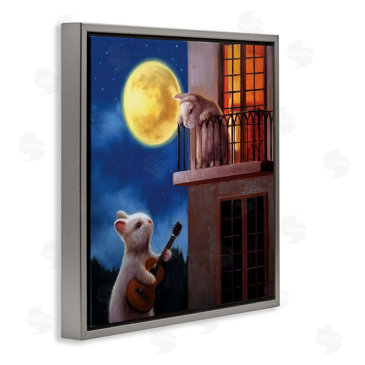 Lucia Heffernan Rabbit Serenading Bunny on Balcony Night Sky Gray Floating Frame Canvas Wall Art Print