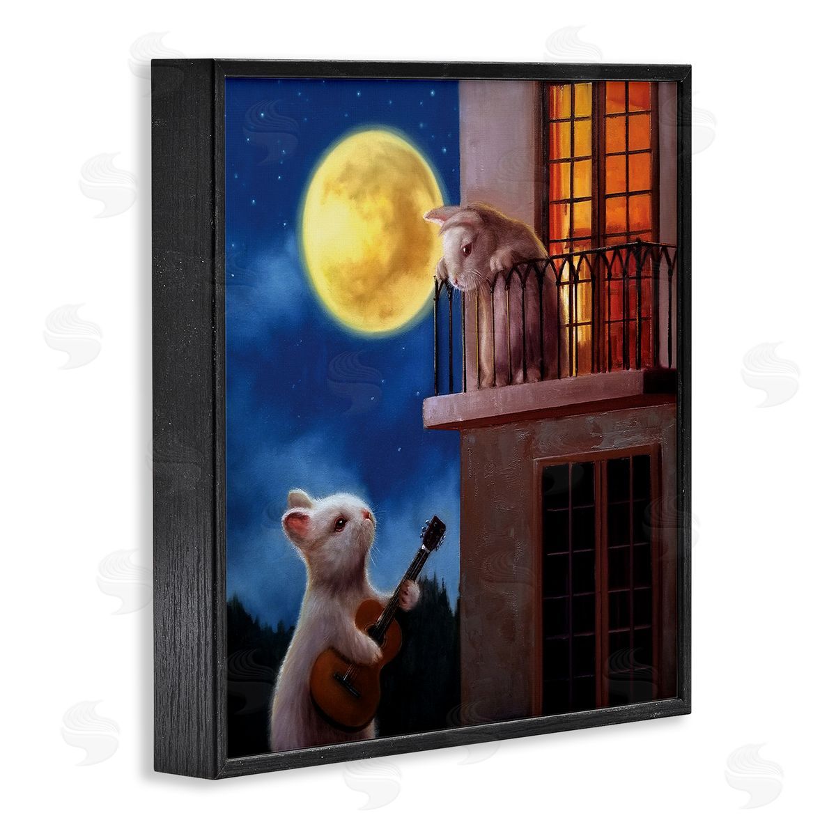 Lucia Heffernan Rabbit Serenading Bunny on Balcony Night Sky Black Framed Glicee Wall Art Print