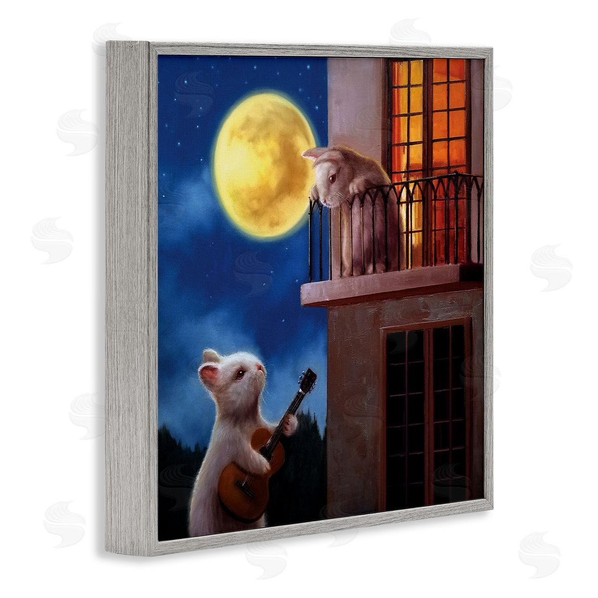 Lucia Heffernan Rabbit Serenading Bunny on Balcony Night Sky Gray Framed Glicee Wall Art Print