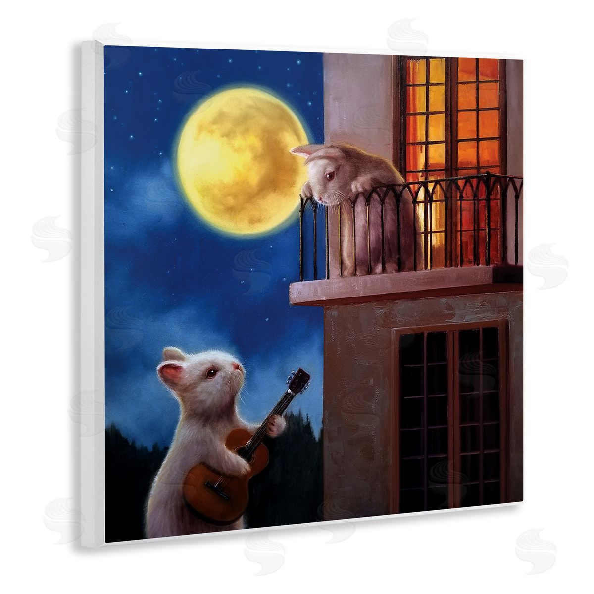 Lucia Heffernan Rabbit Serenading Bunny on Balcony Night Sky Wooden Wall Plaque Art Print