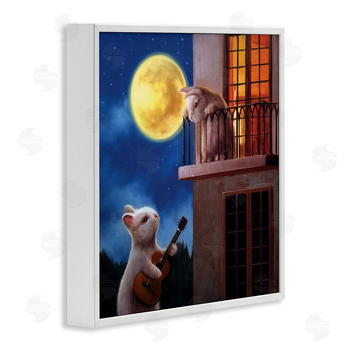 Lucia Heffernan Rabbit Serenading Bunny on Balcony Night Sky White Framed Glicee Wall Art Print