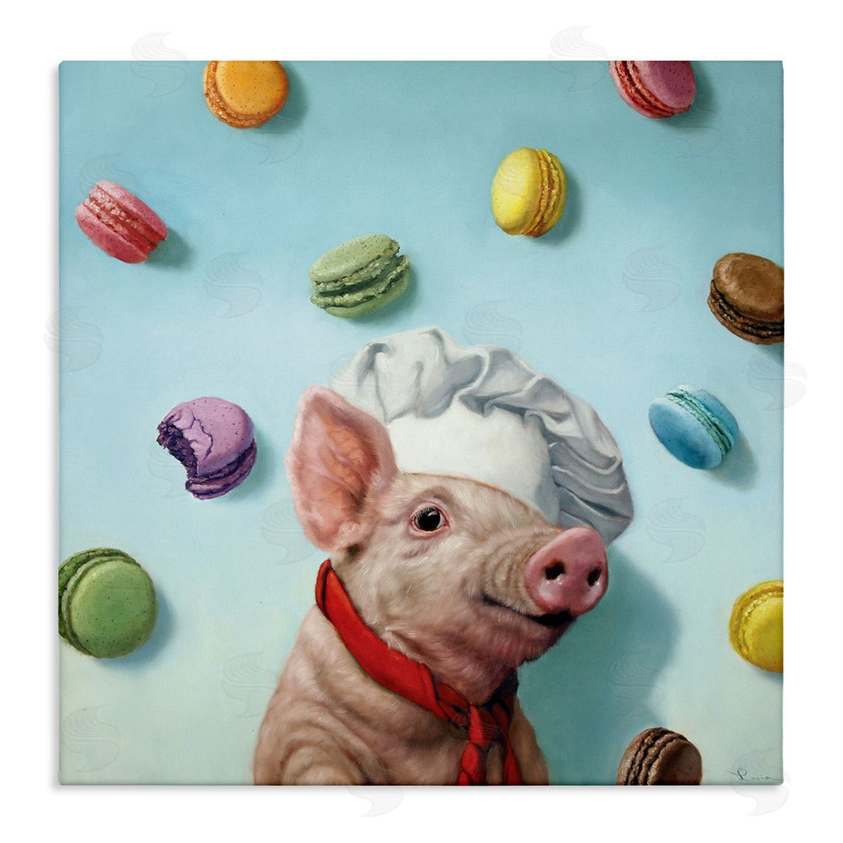 Pig Chef with Playful Macarons Canvas Wall Art, Home Decor by Lucia Heffernan