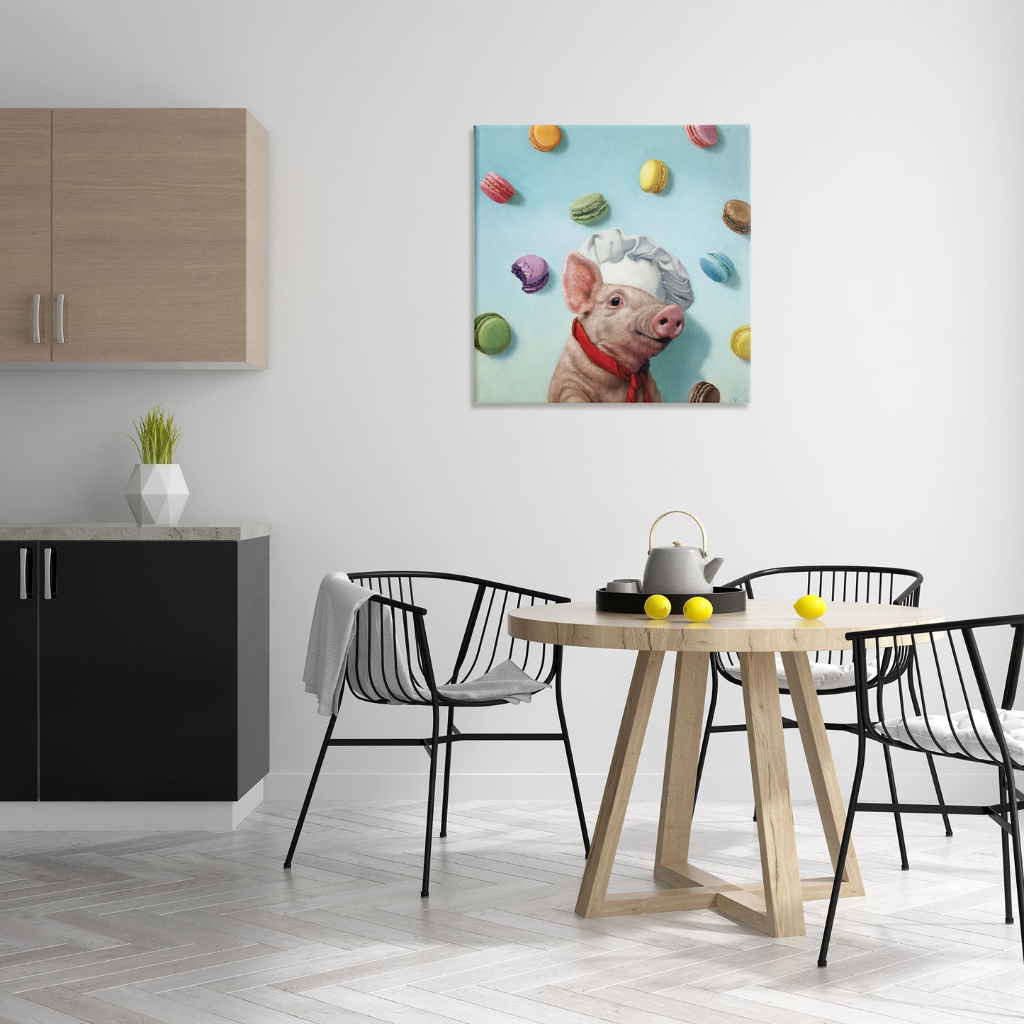 Pig Chef with Playful Macarons Canvas Wall Art in Room, Home Decor by Lucia Heffernan
