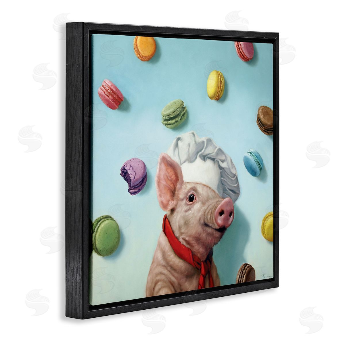 Pig Chef with Playful Macarons Black Floating Frame Canvas Wall Art, Home Decor by Lucia Heffernan