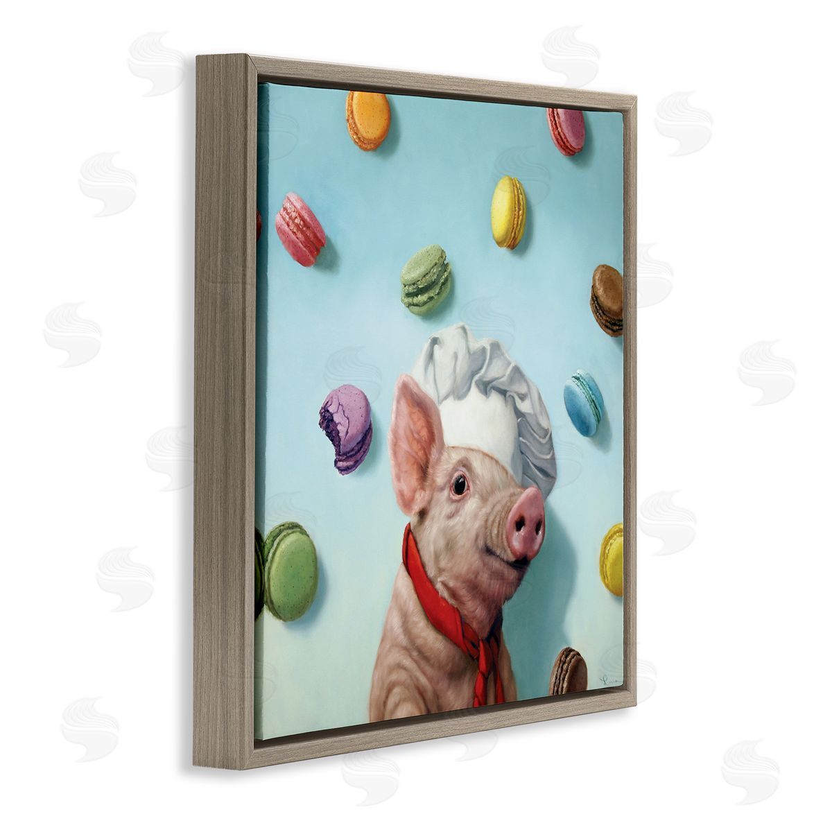 Pig Chef with Playful Macarons Brown Floating Frame Canvas Wall Art, Home Decor by Lucia Heffernan