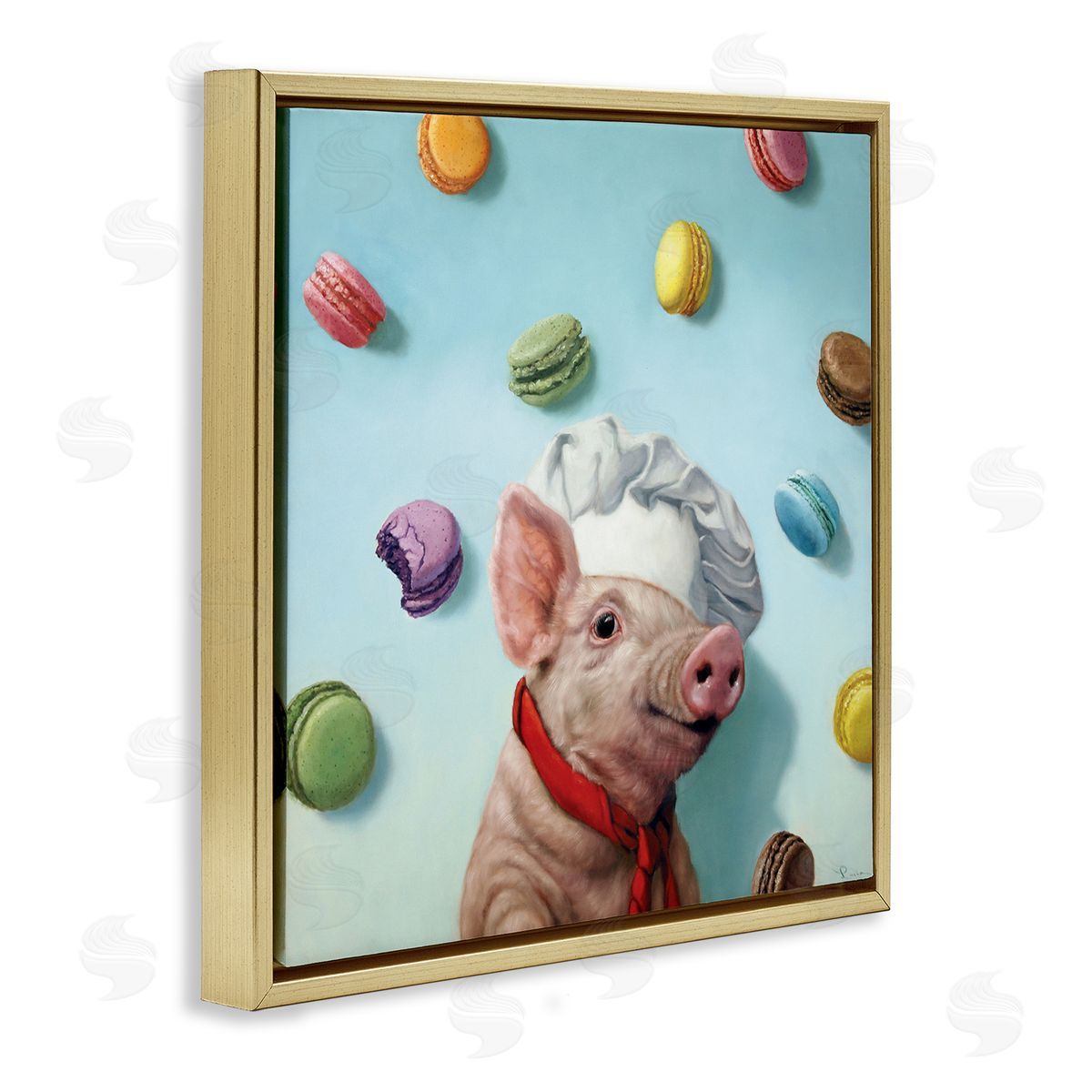 Pig Chef with Playful Macarons Gold Floating Frame Canvas Wall Art, Home Decor by Lucia Heffernan