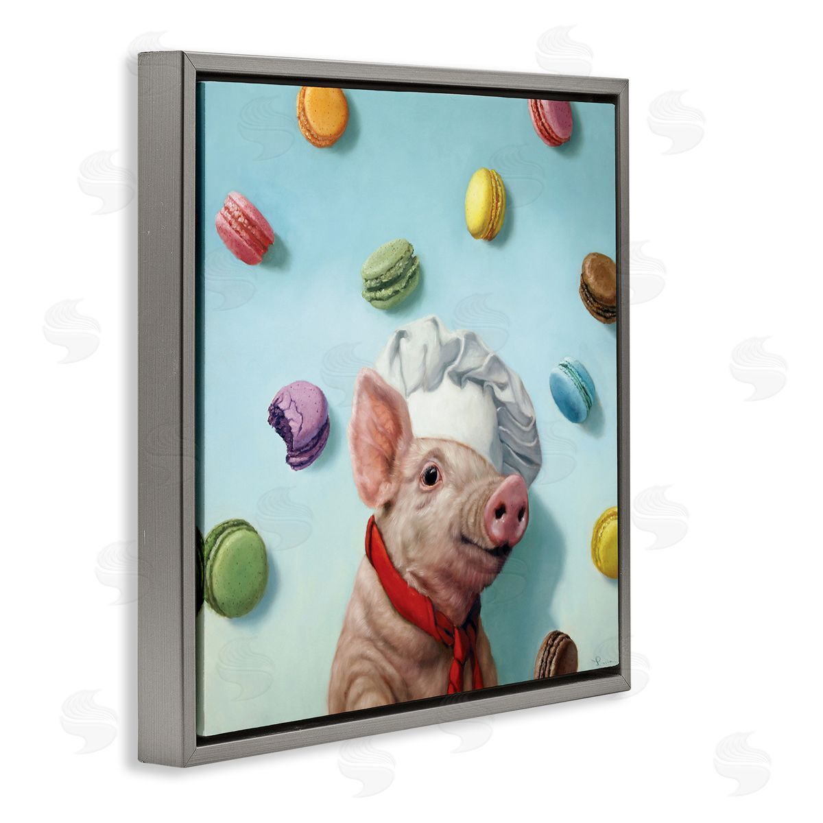 Pig Chef with Playful Macarons Grey Floating Frame Canvas Wall Art, Home Decor by Lucia Heffernan