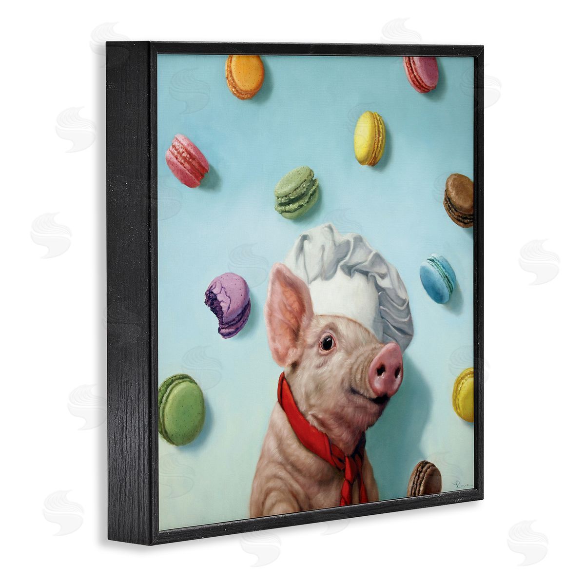 Pig Chef with Playful Macarons Black Frame Print Wall Art, Home Decor by Lucia Heffernan