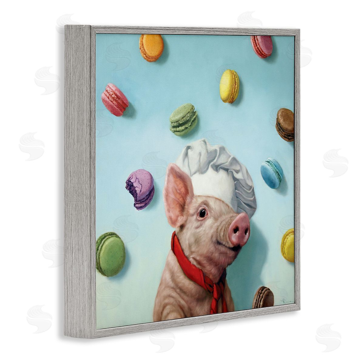 Pig Chef with Playful Macarons Grey Frame Print Wall Art, Home Decor by Lucia Heffernan
