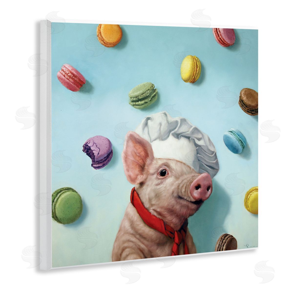 Pig Chef with Playful Macarons Wood Plaque Wall Art, Home Decor by Lucia Heffernan