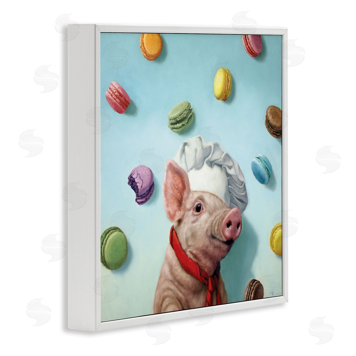 Pig Chef with Playful Macarons White Frame Print Wall Art, Home Decor by Lucia Heffernan