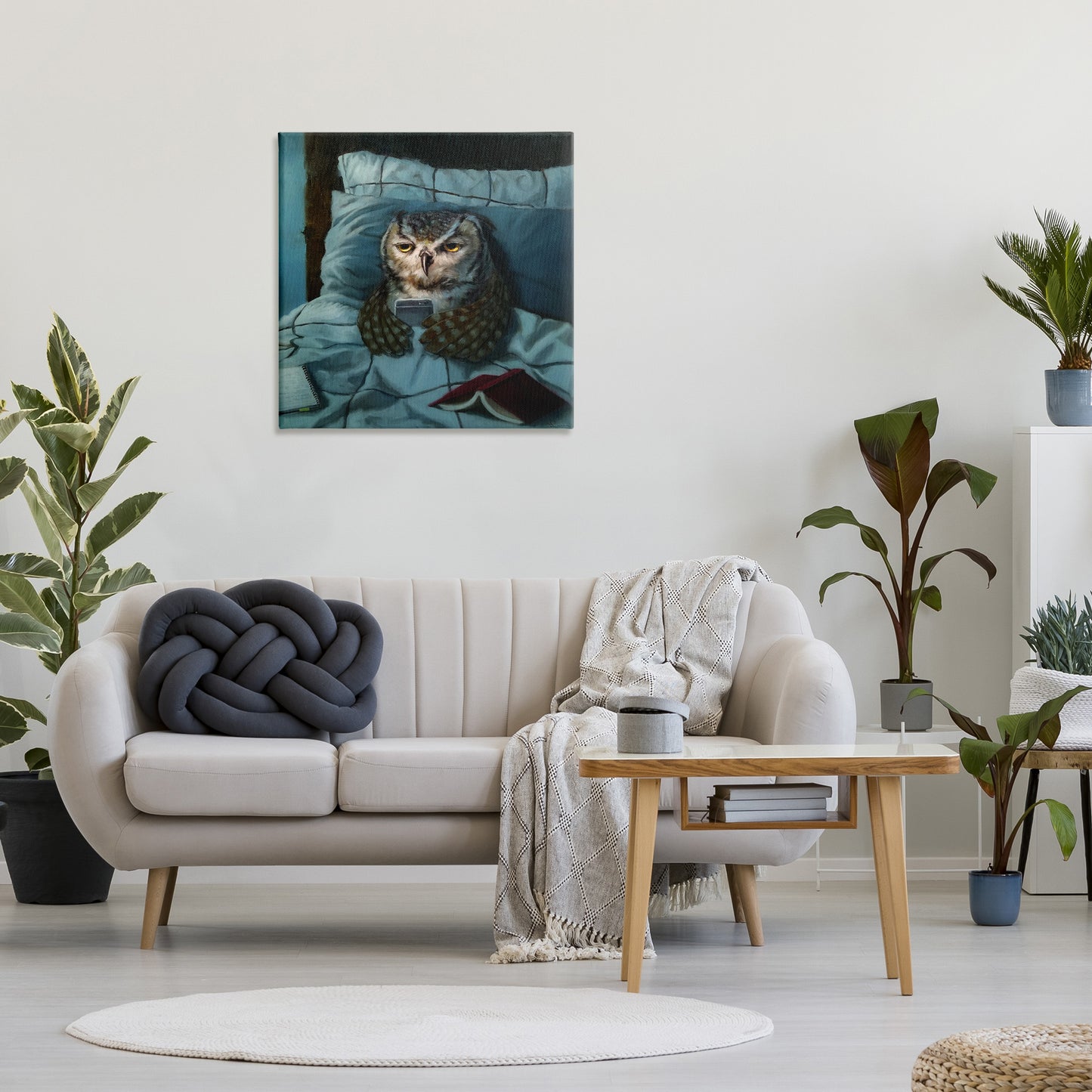 Night Owl on Phone Canvas Wall Art in Room, Home Decor by Lucia Heffernan