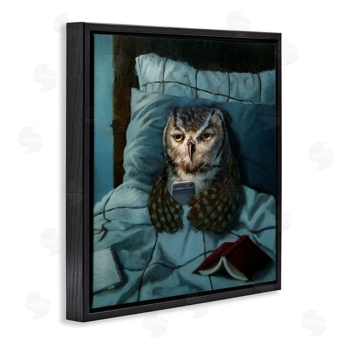 Night Owl on Phone Black Floating Frame Canvas Wall Art, Home Decor by Lucia Heffernan