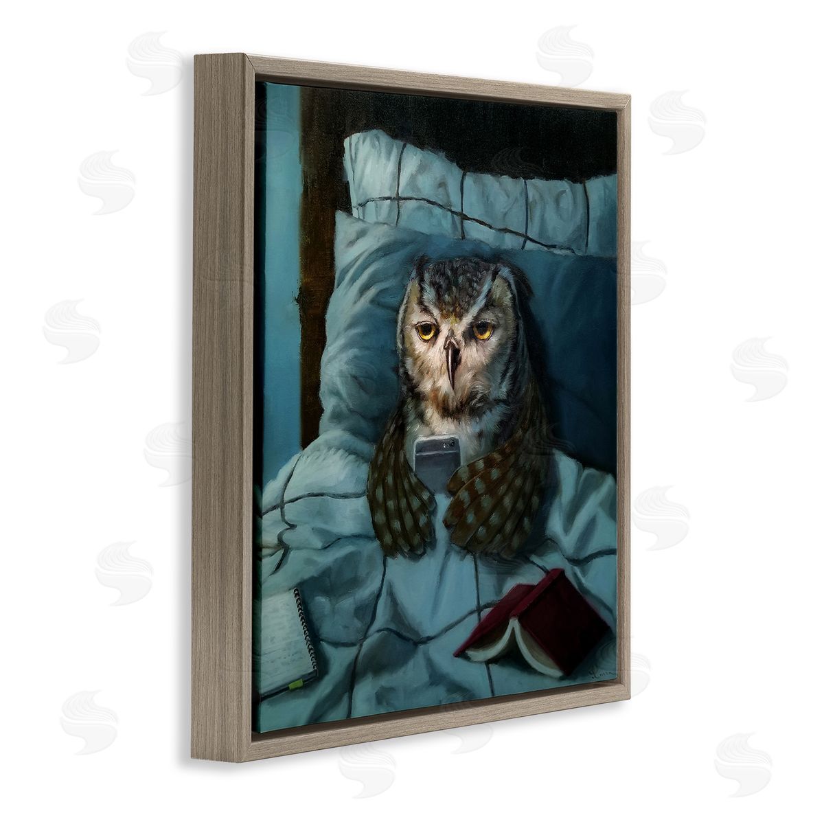 Night Owl on Phone Brown Floating Frame Canvas Wall Art, Home Decor by Lucia Heffernan