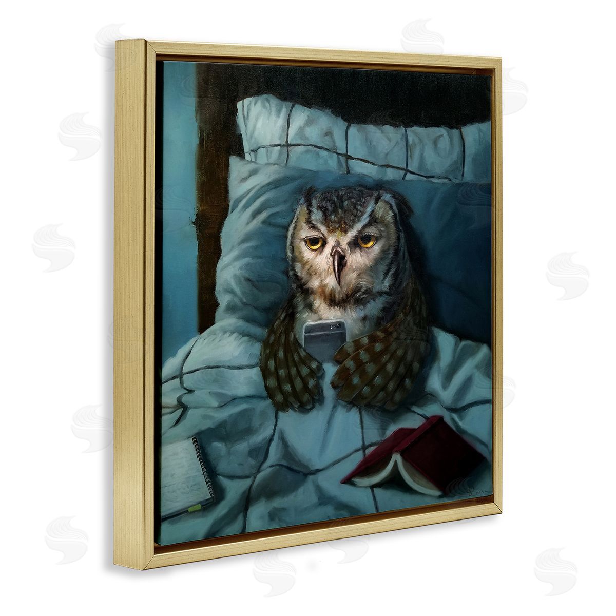 Night Owl on Phone Gold Floating Frame Canvas Wall Art, Home Decor by Lucia Heffernan
