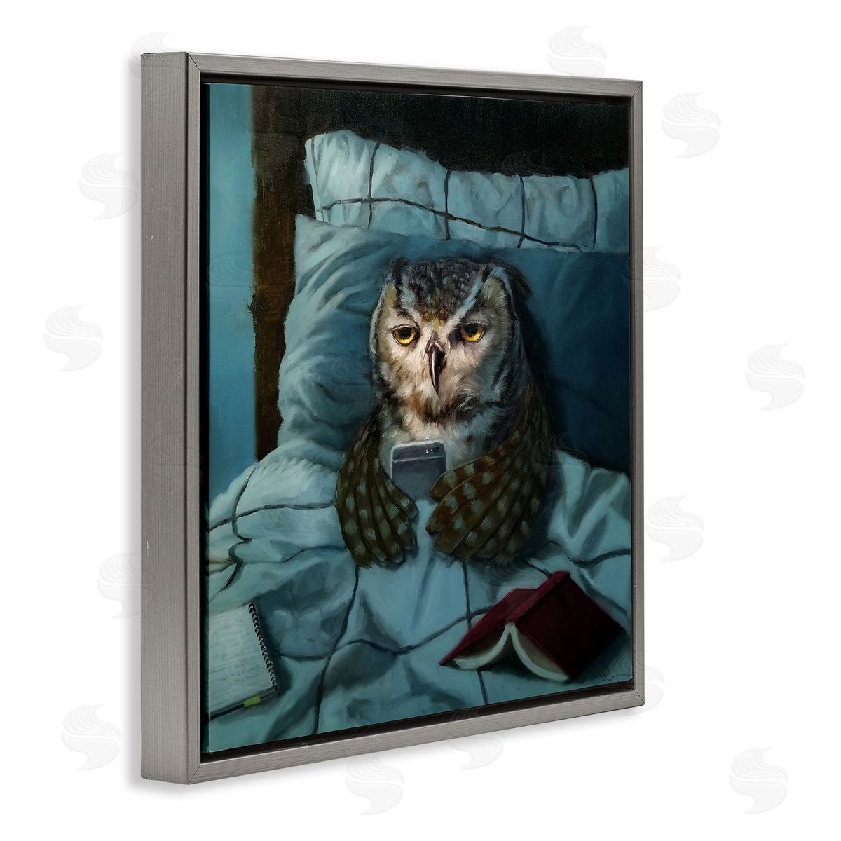 Night Owl on Phone Grey Floating Frame Canvas Wall Art, Home Decor by Lucia Heffernan