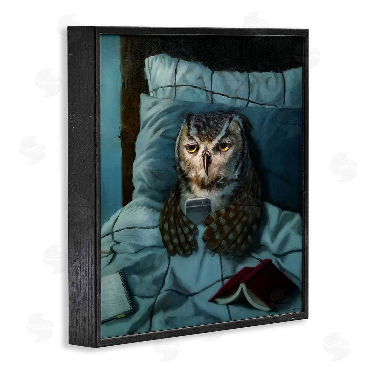 Night Owl on Phone Black Frame Print Wall Art, Home Decor by Lucia Heffernan