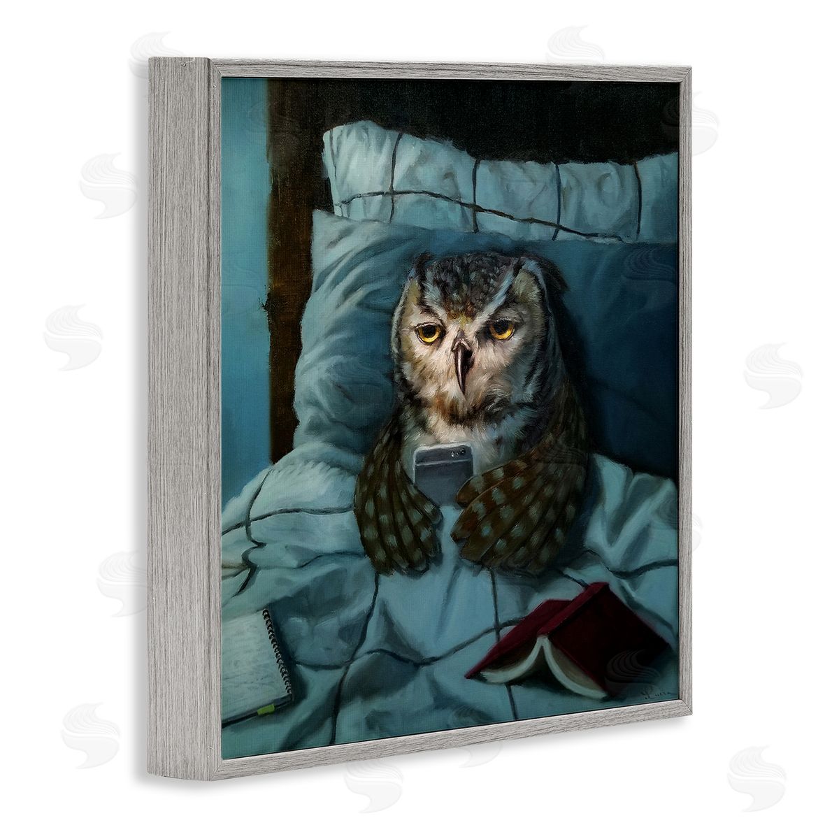 Night Owl on Phone Grey Frame Print Wall Art, Home Decor by Lucia Heffernan