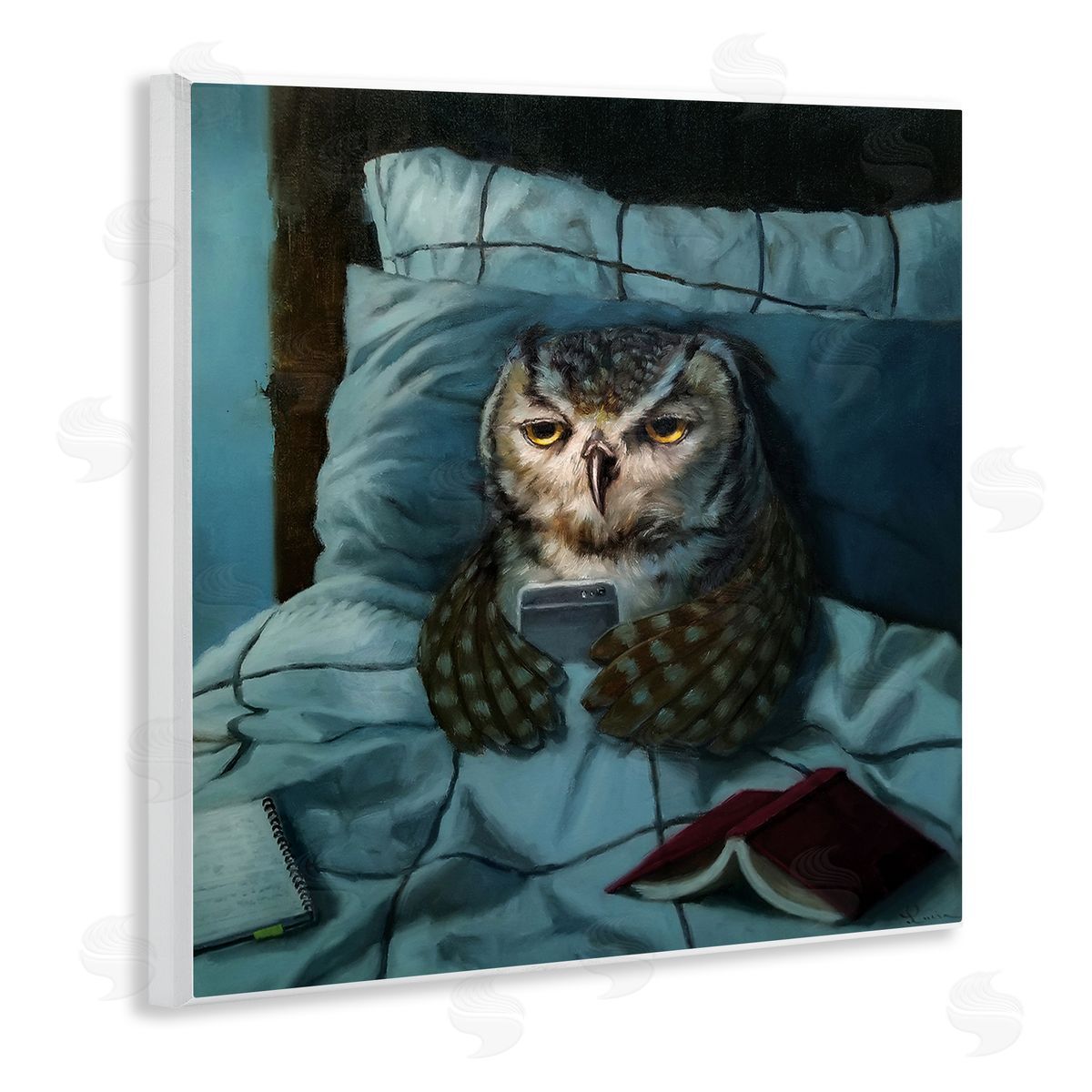 Night Owl on Phone Wood Plaque Wall Art, Home Decor by Lucia Heffernan