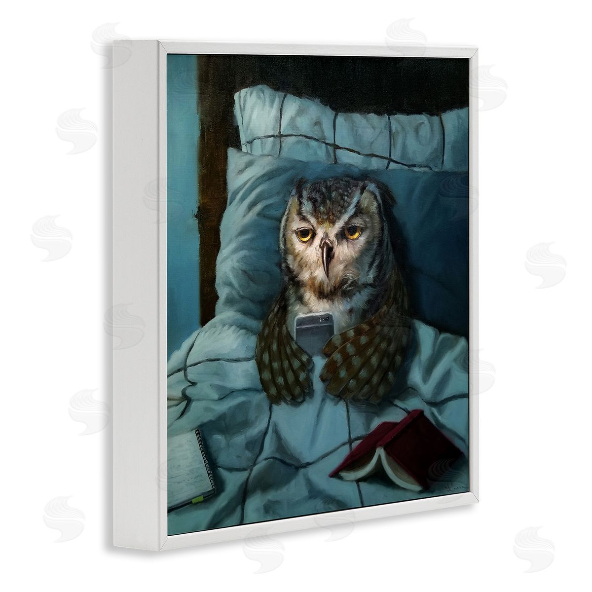 Night Owl on Phone White Frame Print Wall Art, Home Decor by Lucia Heffernan