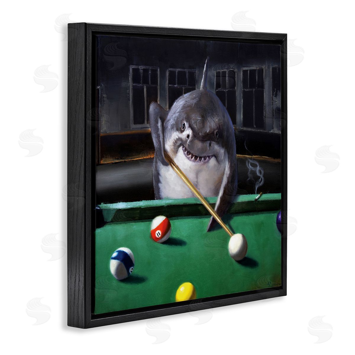 Pool Shark Animal Pun Black Floating Frame Canvas Wall Art, Home Decor by Lucia Heffernan