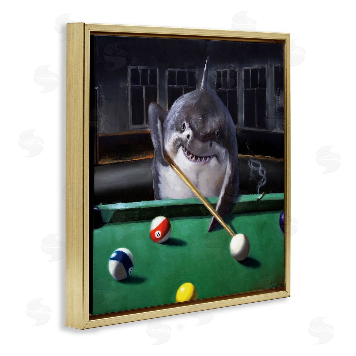 Pool Shark Animal Pun Gold Floating Frame Canvas Wall Art, Home Decor by Lucia Heffernan