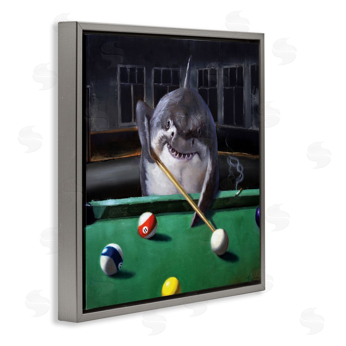 Pool Shark Animal Pun Grey Floating Frame Canvas Wall Art, Home Decor by Lucia Heffernan
