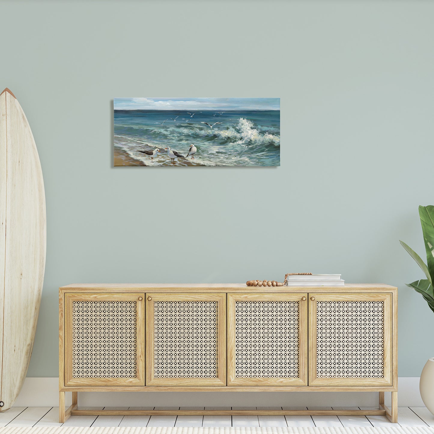 Incoming Beach Tide Seagulls Canvas Wall Art in Room, Home Decor by Heather Hayes