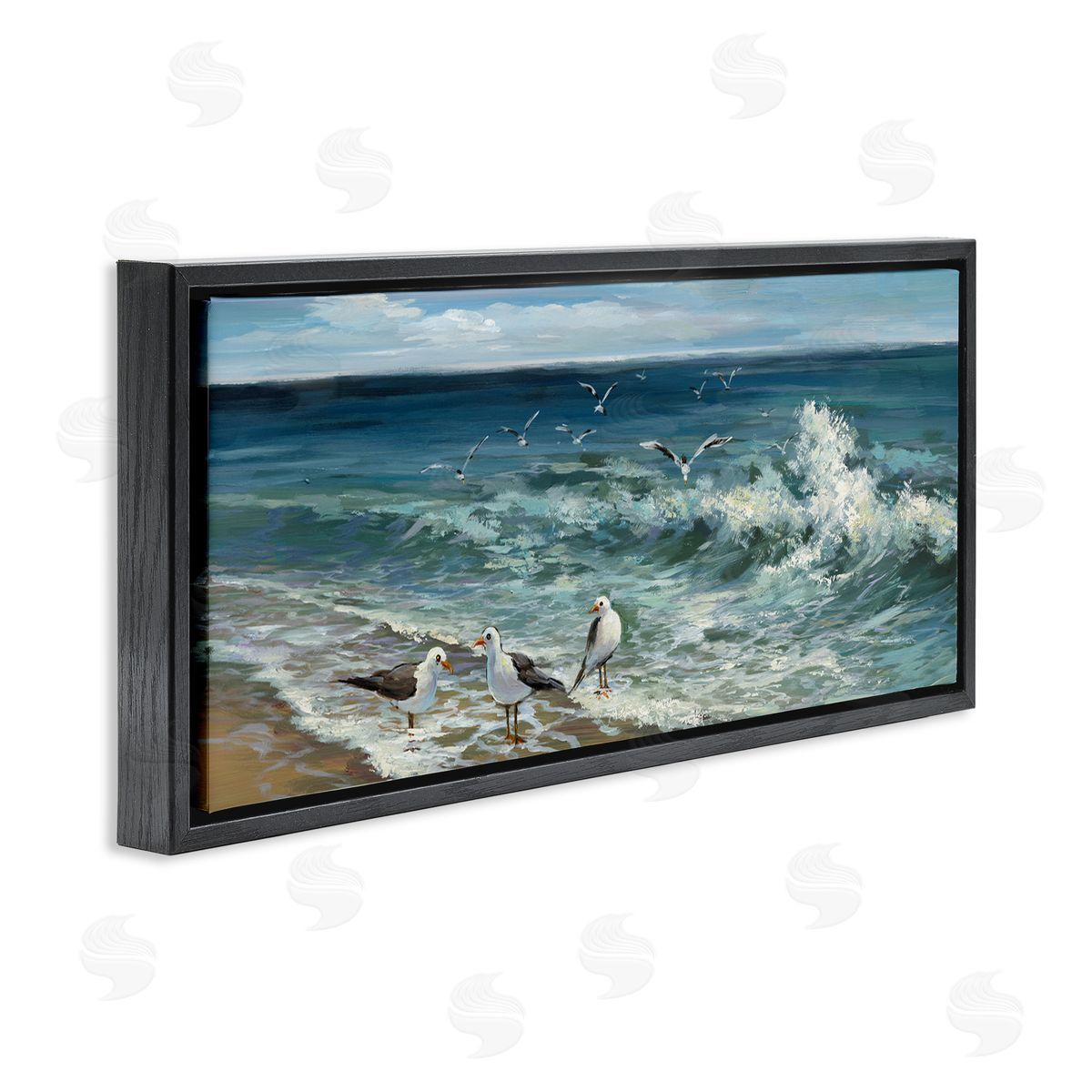 Incoming Beach Tide Seagulls Black Floating Frame Canvas Wall Art, Home Decor by Heather Hayes