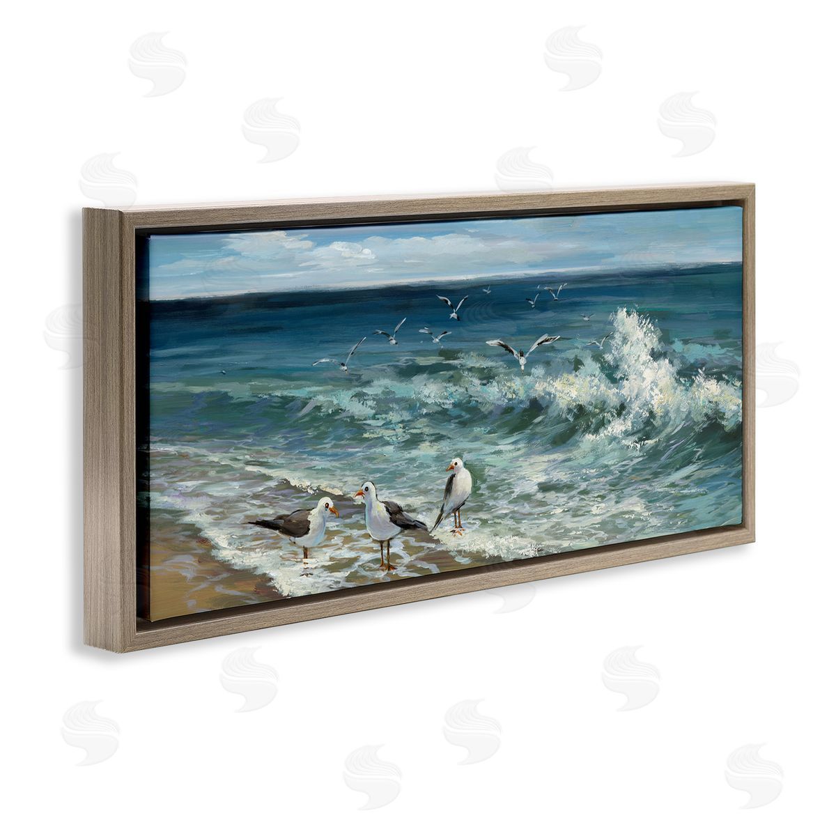 Incoming Beach Tide Seagulls Brown Floating Frame Canvas Wall Art, Home Decor by Heather Hayes